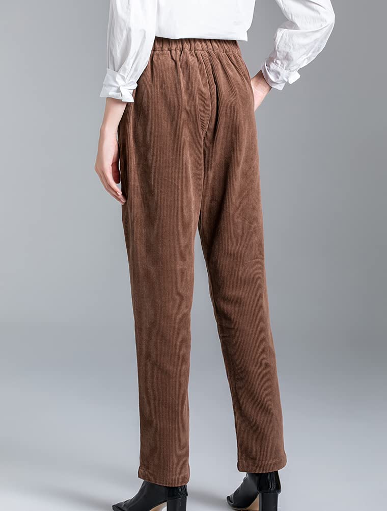 Minibee Women's Cropped Corduroy Pants Elastic Waist Retro Trouser with Pockets Brown - Image 3